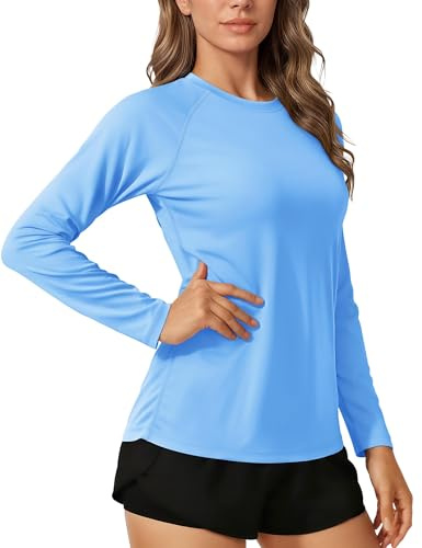 TACVASEN Mujeres Top de Vaerano Manga Larga Camisetas de Corriendo Vaerano Camisetas Protección Solar UPF Baño Surfing Rashguard Al Aire Libre Camiseta de Caminar Cascada Azul