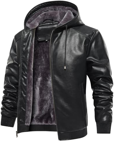 MANSDOUR Men's Faux Leather Jacket Warm Black Motorcycle Jacket Fleece Lined Leather Bomber Jacket with Hood Casual Stylish Coat Men Biker PU Leather Jacket