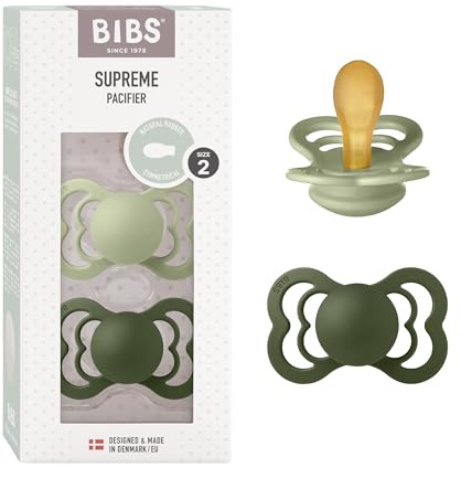 BIBS Supreme Schnuller, 6-18 Monate, 2er-Pack, Sage/Hunter Green | Symmetrischer Sauger | Naturkautschuklatex | Größe 2 | BPA-frei | Hergestellt in Dänemark | Hohe Akzeptanz | Luftlöcher