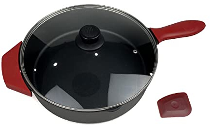 KRC Cookware – 12inch/30cm Pre-Seasoned Cast Iron Large Deep Skillet, Glass Lid Included, with Red Silicone Assist Handles and Scraper, Oven Safe, Indoor & Outdoor Cooking