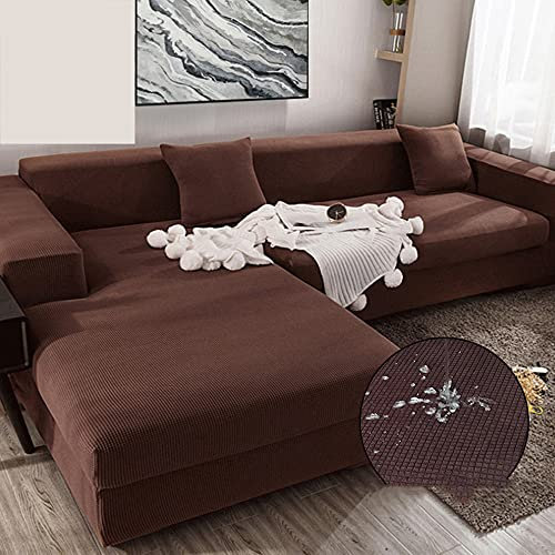 OKJK Jacquard Couchbezug, Plaid Fleece Plain Stretch L-Form Sofabezug Einfache wasserdichte Sofa überzug Für Wohnzimmer 1/2/3/4 Sitzer mit Kissenbezug (Deep Coffee,A-A 1 seat 90-140cm)