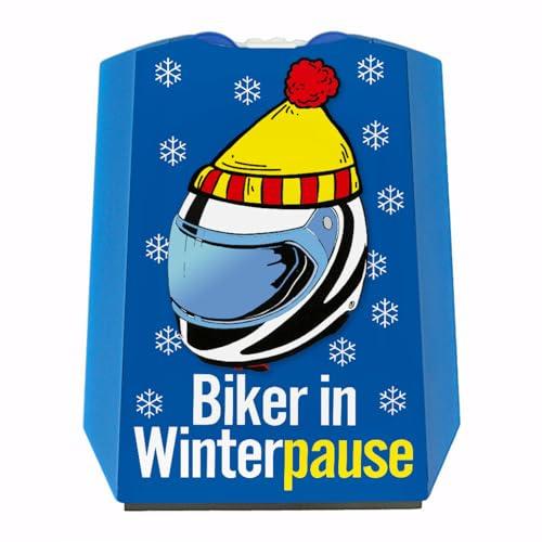 speecheese Parkscheibe zum Thema Motorradfahren mit Spruch Biker in Winterpause Eiskratzer Wasserabstreifer und Einkaufswagen-Chips Motorrad parken Zipfelmütze Parkplatz Motorradhelm