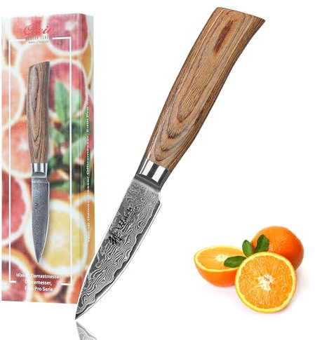 WAKOLI Edib Pro Couteau à Éplucher Acier Damas I Lame tranchante de 8 cm en acier damassé à 67 couches avec noyau VG10 et manche en bois de pakka I Couteau de cuisine professionnel & couteau damassé