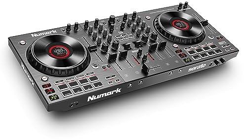 Numark NS4FX – 4-Kanal DJ Controller Pult, Touch-Jogwheels mit Display, Pads und Effekten, Booth- und Main-Ausgänge, Serato DJ Lite enthalten