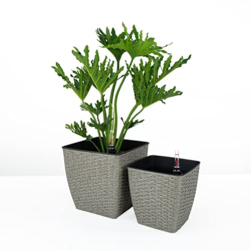 Catleza Set of 2 10.2-inch and 12.6-inch Thin Square Hand Woven Wicker Self-Watering Planter - Natural