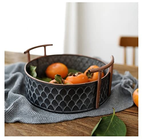 TOMYEUS Coupe Fruit Panier de Fer Rond rétro Antique avec poignée Vintage Metal Fruit Pain Bac Plate Plaque de décoration Maison Photographie Corbeille Fruit