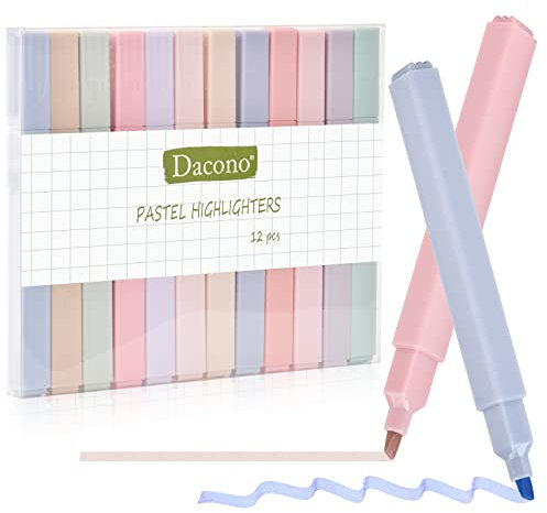Dacono Ästhetische Textmarker, 12 PC Textmarker Assorted Colors No Bleed Dry Fast Easy to Hold, Pastell Textmarker Marker Stifte für Journal Bibel Planer Notes School Office Supplies