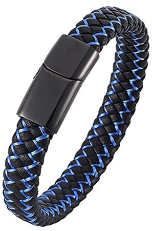 KnSam Paar Armbänder, PU Leder Männer Armbänder Gewebt Bettelarmband Charm Edelstahl Handhandgelenk Kette Schwarz mit Magnet Verschluss, Länge 19.5CM BFF Geschenke