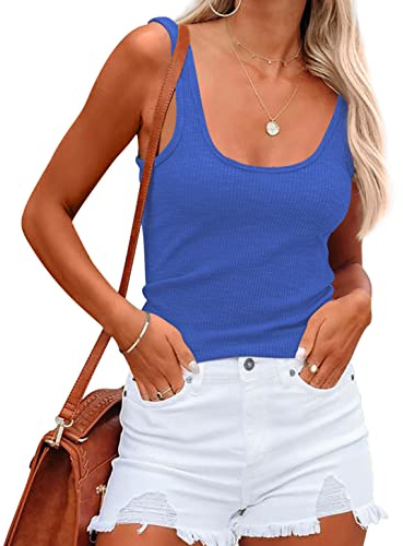 NONSAR Camisas sin mangas de verano para mujer, camiseta de tirantes elástica, corte ajustado, camisetas interiores para mujer, azul, M