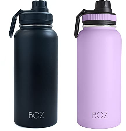 BOZ Edelstahl-Wasserflaschen, 2 Stück, schwarze Wasserflasche + Lavendel-Wasserflasche, isolierte Wasserflaschen, 1 l, breite Öffnung, BPA-freie Metall-Wasserflaschen für Fitnessstudio mit