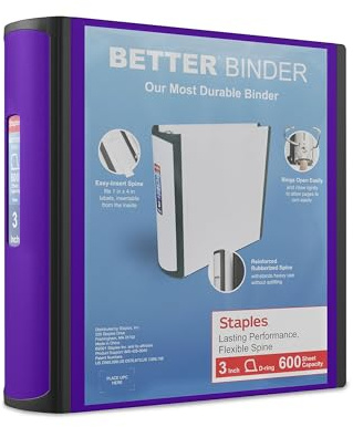 Staples Better 3-Inch D-Ring 3-Ring Binder, Purple, 600 Sheets