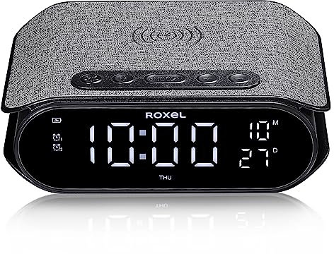 Roxel RAC-10 Bedside Alarm Clock With Super Fast Wireless Charging (5W/10W/15W), For iPhone & Samsung, USB Charger, Mood Lighting Night Lamp function Dimmable LED Display (Black)