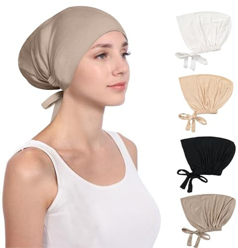 Hijab para mujer, 4 unidades, ajustable, musulmán, islámico, debajo de la bufanda, gorros para la cabeza, gorros para quimioterapia, gorro para dormir con cierre de lazo en la espalda, color sólido,