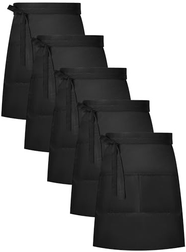 Twistover 5 Pack Half Bistro Aprons with 2 Pockets Unisex Black Server Apron with Extra Long Front Waist Ties for Men Women