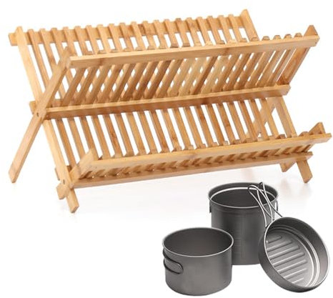 Axfbim Escurridor de platos de madera de bambú, estante plegable de madera para secar platos, estante plegable de 2 niveles, para encimera de cocina para varias vajillas