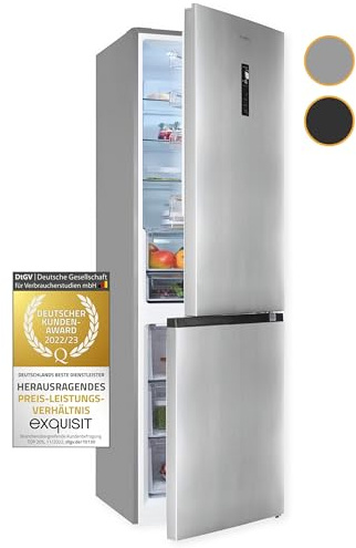 Exquisit Kühl-Gefrierkombination NoFrost Freistehend, 347 L, Inox | Elektronische Temperaturregelung, wechselbarer Türanschlag, LED-Beleuchtung – 2 Farben erhältlich