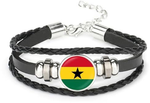 Ghana-Flaggen-Armband,Flaggensymbol-Druckknopf-Armreif,Handgefertigtes,Perlengewebtes,Mehrschichtiges,Verstellbares Armband,Nationaler Manschettenseil-Armbandschmuck,Für Mann Und Frau,Geschenk Z