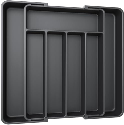 Aujen Besteckkasten für Schubladen -Abnehmbar Besteckeinsatz für Schubladen, Erweiterbar Praktischer Schubladeneinsatz, Effiziente und Vielseitiger Küchen Organizer, Schwarz, Mittel