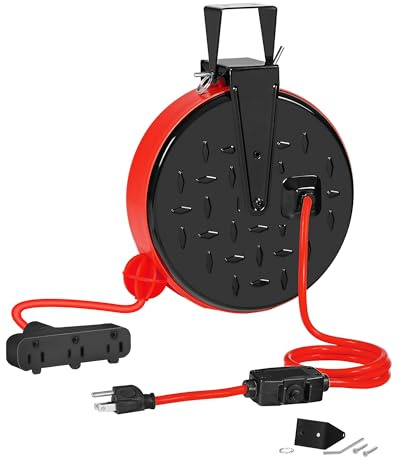 WILAWELS 30 Ft Retractable Extension Cord Reel, 16/3 Gauge SJTW Power Cord with 3 Electrical Outlets Pigtail for Garage and Shop, 10 Amp Circuit Breaker, Metal Plate, UL Listed, Red R30CR06