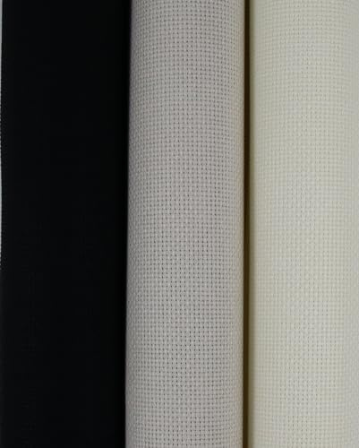 KCS 3 pc of 15 x 18(38cmx45cm) Counted Cross Stitch Cotton Aida Cloth Needlework Rolled Fabric Box,16CT,Antique White+Pearl Grey+Black