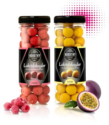 Nordthy Lakritz Kugel Mix 2 x 300g Himbeere/Passionsfrucht– Original Dänische Lakritze Geschenkset – Lakritzkugeln umhüllt von edler Schokolade – Gourmet weiches Lakrids Süßigkeiten