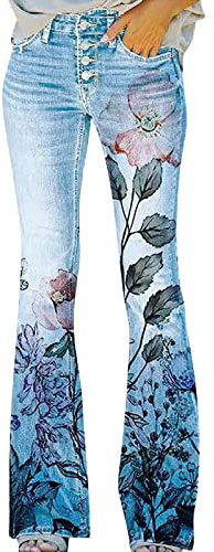 KBOPLEMQ Bequeme Jeans Damen High Waist Schlaghose mit Blumenmuster Freizeithose Baggy Jeans Damen Stretch Bootcut Jeanshose Freizeithose Schlaghose Jeans mit Blumendruck und Kunstdruck