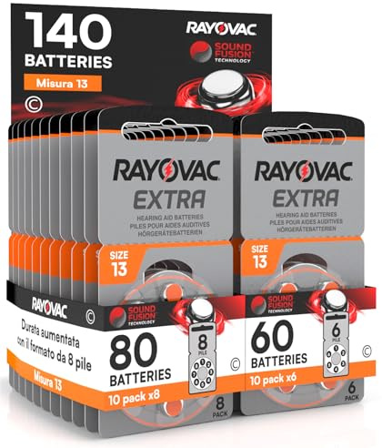Udivita 140 Rayovac Extra Größe 13 Batterien für Hörgeräte Technologie Sound Fusion - 10 Blister mit 6 und 10 Blister mit 8 Batterien