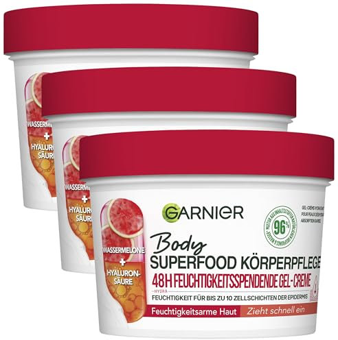 Garnier Erfrischende Körperpflege für trockene Haut, Body Butter mit Wassermelone und Hyaluronsäure, Für bis zu 48 Stunden Feuchtigkeit, Body Superfood, 1 x 380 ml (Packung mit 3)