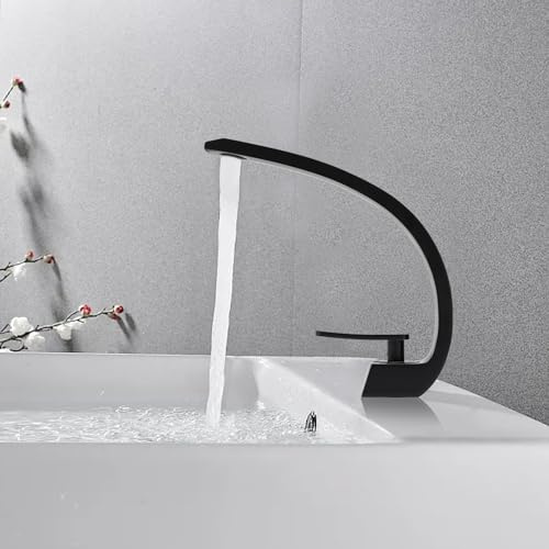 Wasserfall-Badezimmerarmatur, Armatur aus Messing, Mischbatterie für Aufsatzwaschtisch, Armatur für Warm- und Kaltwasser, Schwarz