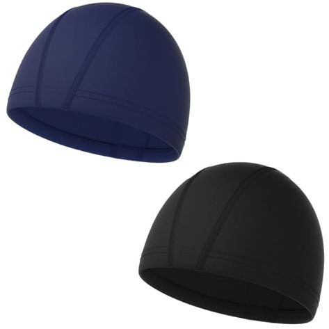 2 Pcs Swimming cap Elastic & Lightweight Kids Swimming Cap Comfortable Fabric Swimming Hats for Women Men Kids and Adults Swimming Hat 6-14 Boys Girls(Black + Blue)