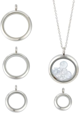 DELORIGIN 4 Stück Foto Medaillon Charms Halskette Runde Edelstahl Medaillon Anhänger Kristall Doppelseitiger Bilderrahmen Memory Charm mit 45cm Kette für Hochzeit Schmuck Making Foto