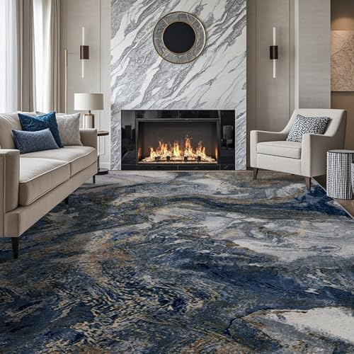 Modern Washable Rug for Living Room: Abstract 9x12 Area Rugs for Bedroom Low Pile Non Slip - Stain Resistant Carpet for Dining Room Indoor - Blue Gold