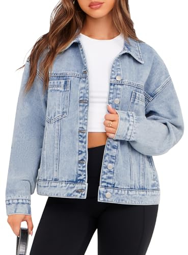 Glamaker Womens Cloths Oversized Jean Jacket Casual Long Sleeve Button Down Denim Jacket Fall Coat (Light Blue XL)