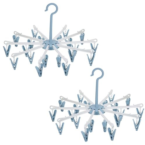Hejo 2 Stück Sockentrockner Wäscheständer, Socken Karussell, Trockenkarussell, Klappbare Wäschespinne, Rutschfester Camping Sockenaufhänger mit 20 Clips für Socken Unterwäsche Kleine Kleidung (Blau)