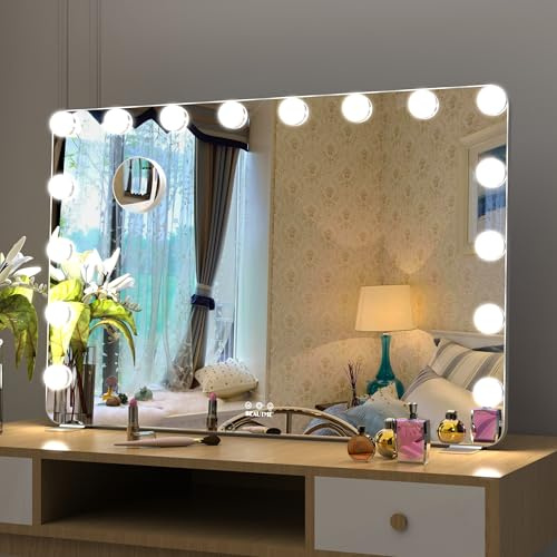 BEAUTME Hollywood Schminkspiegel mit Beleuchtung, 16 LED Licht Dimmbar Kosmetikspiegel 3 Modi, Vanity Spiegel Badspiegel Tischspiegel Wandspiegel, Schlafzimmer Schminktisch, 91,1 × 61,6 cm, Silber