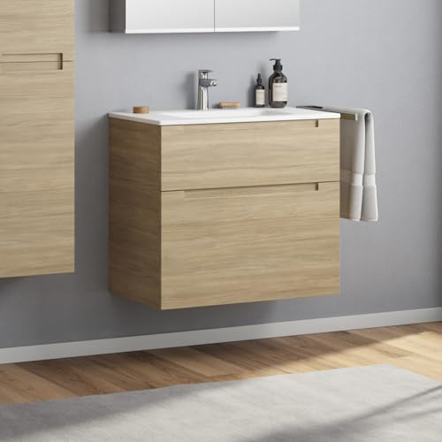 Zentrobad Premium Waschbecken mit Unterschrank 80 cm Waschtisch Badmöbel Badezimmer Schrank Badschrank mit Zwei Schubladen (Eiche Natur)