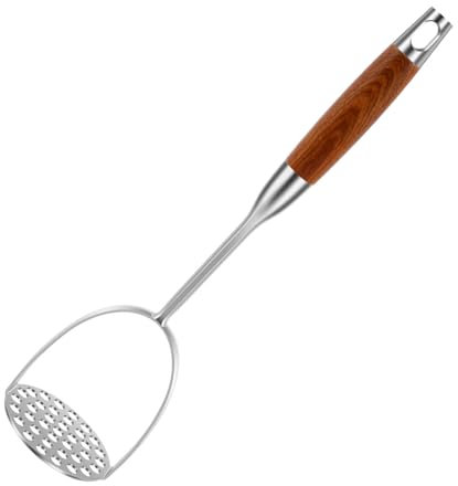 Potato Masher Cooking Utensil Stainless Steel Mashed Potato Masher with Wood Handle Heavy Duty Potato Ricer Integrated Masher Kitchen Tool Manual Potato Smasher for Avocado Potatoes Beans(Brown)