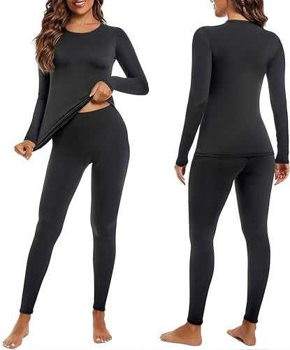 Ekouaer Thermo Leggings Damen & Langarmshirt 4-Wege-Stretch Underwear Set Black L