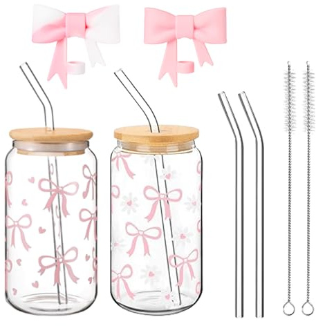 Nymora 2 Bow Glass Cups with Lids and Straws - Glass Tumbler with Straw, Lid and Silicone Covers, Gift for Birthdays, Christmas, Back to School (Bow & Flowers)