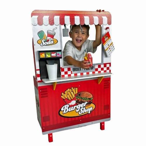 Bayer Chic 2000® Burgerladen aus Holz – Burgerladen mit Grill, Friteuse, Getränkestation & mehr – Fördert Kreativität & Fantasie – Ab 3 Jahren, bunt, Rot