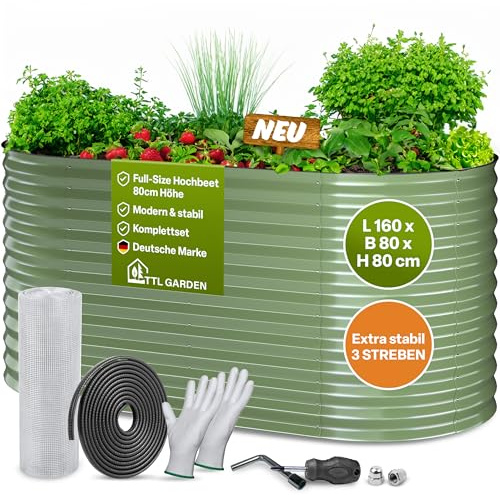 TTL GARDEN 160x80x80cm Nature M Metall Hochbeet Salbeigrün Stahl verzinkt | - Rostfrei verzinkt lackiert Wellblech oval 80cm hoch sehr stabil Garten Beet für Gemüse Kräuter Blumen Gartenbeet Gemüsebeet