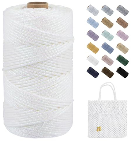 LEREATI Cordino per Borse Uncinetto, Filo Macrame 3mm x 100m Filato Glitterato Poliestere, Cordoncino per Borse a Uncinetto, Fai da Te, Lavori a Maglia, Decorazioni, Artigianato (Bianco Colorato)
