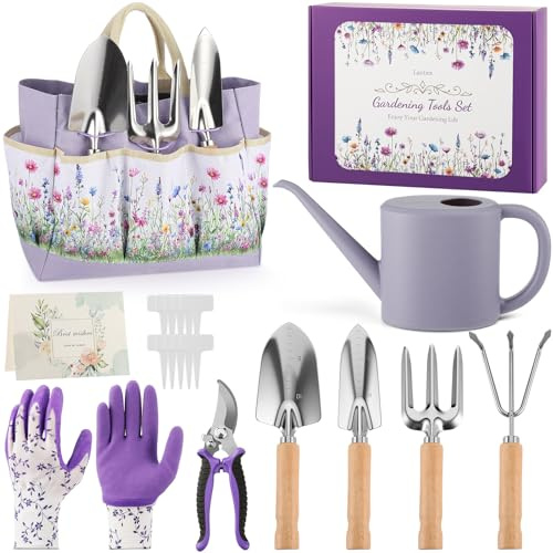 Lanties 21-teiliges Gartengeschenke für Frauen, robustes Gartenwerkzeug-Set, rostfreies Gartenwerkzeug-Set mit lila Blumen-Tragetasche, Wasserdosenhandschuhen, Geschenkkarte, Gartenbedarf, Zubehör