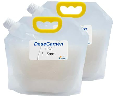 DeseCamen Silica Gel Bianco Sfuso 2 kg | 2x 1 kg | Granuli 3-5 mm | Ricarica Deumidificatore | Riutilizzabile | DMF Free