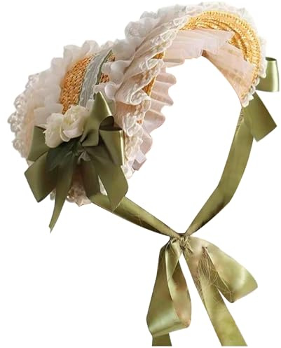 Obelunrp Sombreros victorianos para Mujer, Sombrero Tejido de Paja para Fiesta de té con ala de Encaje, Lazo y Cinta para la Barbilla, Sombreros Lolita para niñas Cosplay