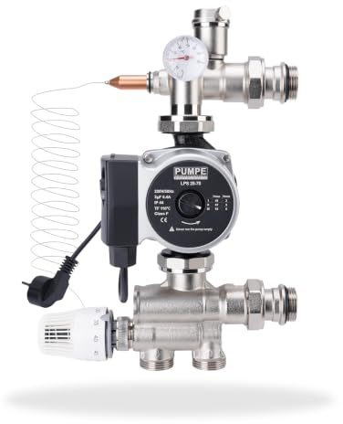 Festwertregelset mit Hocheffizienzpumpe f. Fußbodenheizung Heizkörperregler | 20–60 °C, 210–235 mm, für Kollektor Zentralheizung Umluftpumpe, Energieeinsparung Pumpengruppe Heizkreisverteiler Pumpe