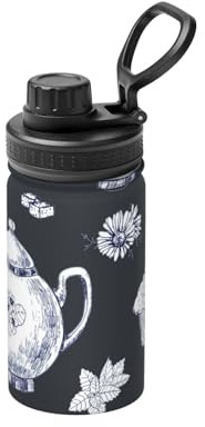 Théières et tasses dessinées à la main - Bouteille d'eau isotherme à double paroi en acier inoxydable pour boissons chaudes et froides - 355 ml