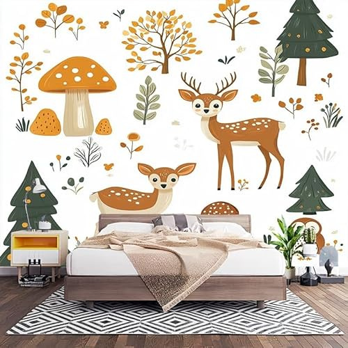 Papel Pintado Panorámico Fotomurales PatróN de Animales y Plantas Del Bosque 350x256 cm, Murales de Pared Decoración Póster in Tejido No Tejido Blanco Personalizado 3D Para Salón Dormitorio Oficina