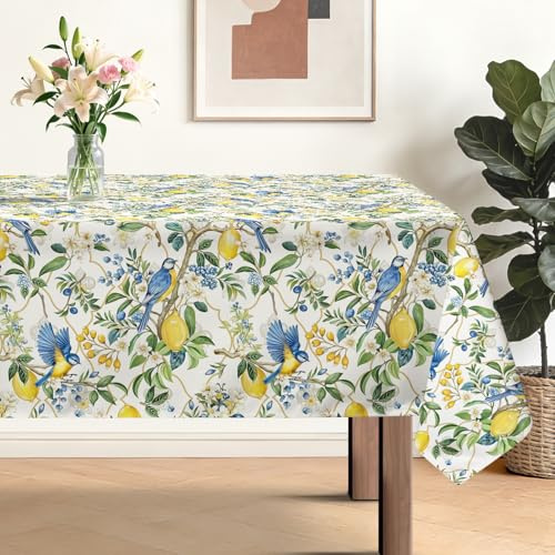 hometrixx Verano Mantel Mesa Rectangular Limones Pájaros Azules 140x180 cm | Antimanchas Manteles,Mesa Hule Poliéster Impermeable, Lavable a Máquina, Fácil de limpiar,para Bares Comedor Cocina Festivosr