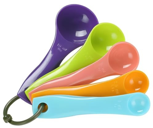 YIPFEN Pack de 5 Cucharas Medidoras de Gramos – Doble Escala, Coloridas y Apilables con Anilla – Dosificación Precisa para Sólidos, Líquidos y Repostería
